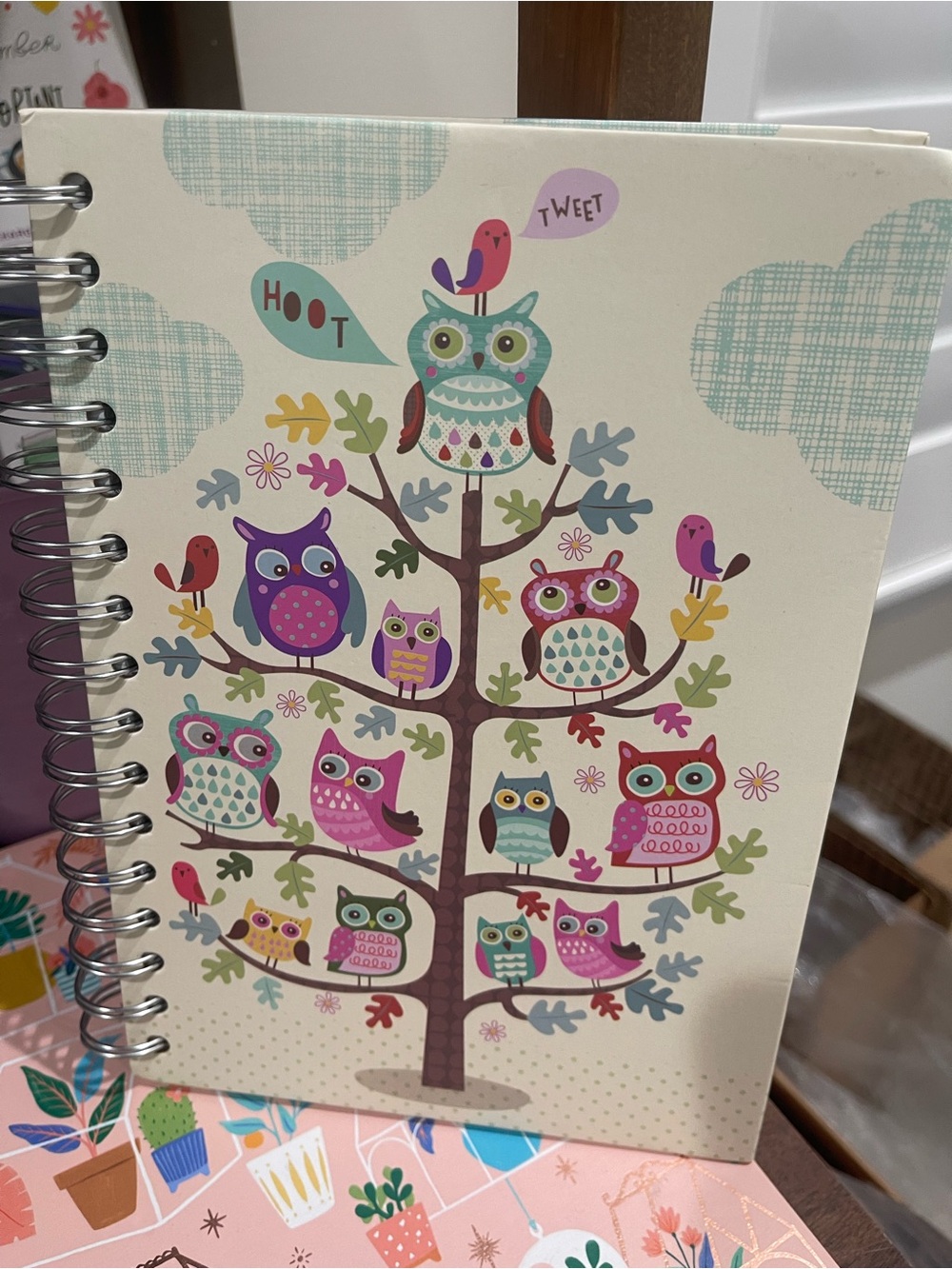 Spiral Notebook with Owl Tree Design - Cream, Pink & Teal